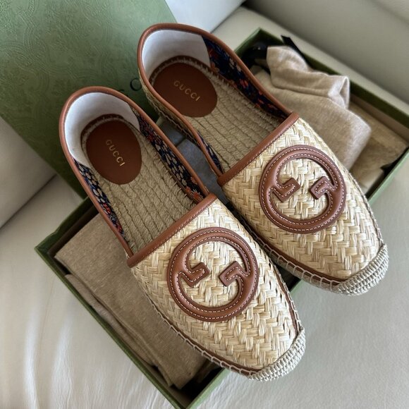 NEW GUCCI || Adela GG Raffia Espadrilles Brown Leather Logo EU 39 US 9 Shoes - Picture 3 of 11